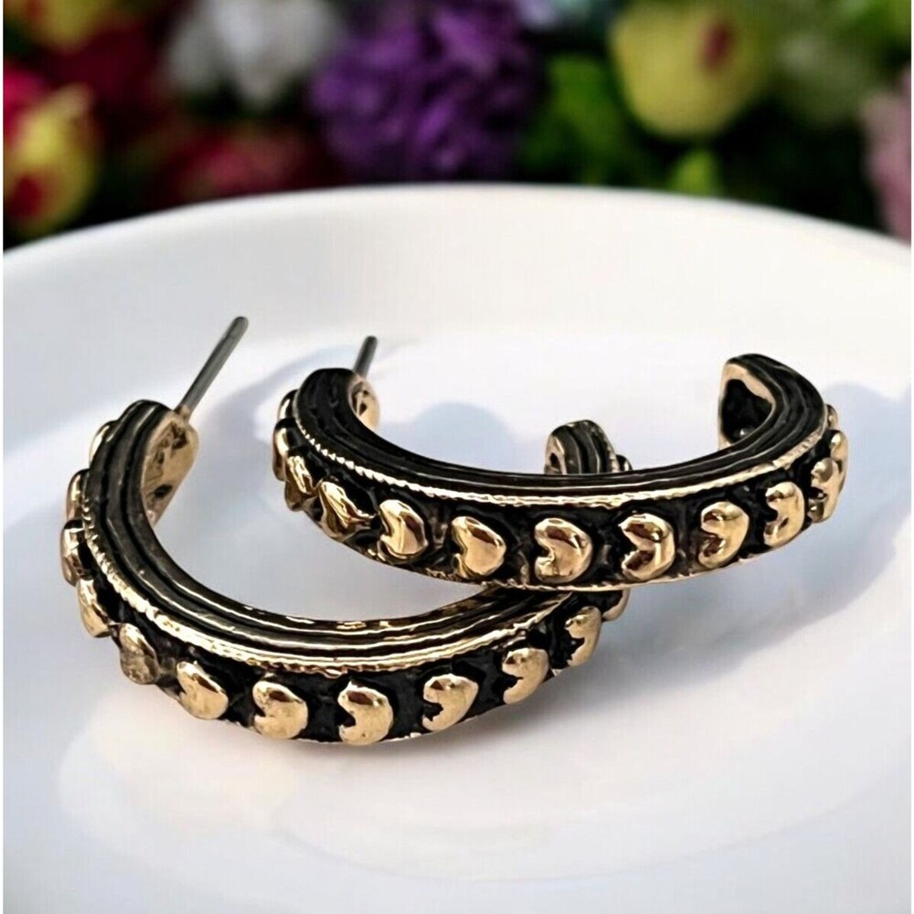 Vintage 1980s Hoop Earrings Heart Motif Antiqued Gold Tone Pierced NOS - 9X